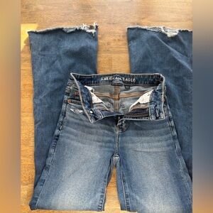 American Eagle Outfitters Distressed Flare Jeans - Dark Blue